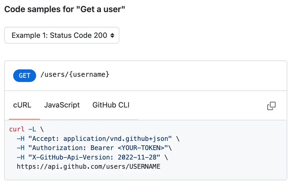 GitHub API endpoints have a cURL command that you can manually translate into a fetchJSON call (e.g. see Get a user).